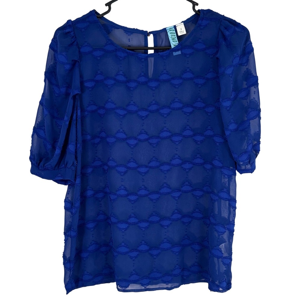 Dina Be Cobalt Blue Textured Sheer Short‎ Puff Sleeve Round Neck Blouse Small